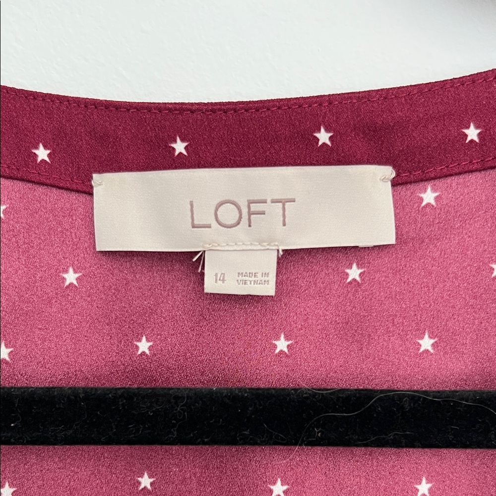 LOFT burgundy star print long sleeved wrap dress, size 14 - Picture 3 of 6